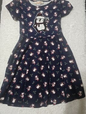 Forever Girl Girls Size 10/12 Christmas Penguin Dress Sequin Holiday Navy Blue